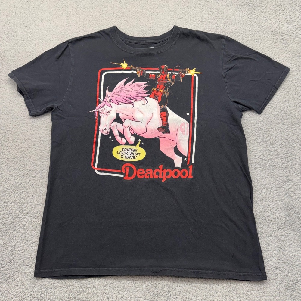 Marvel Mens Large Deadpool‎ Riding Unicorn Graphic T-Shirt Black 100% Cotton Tee